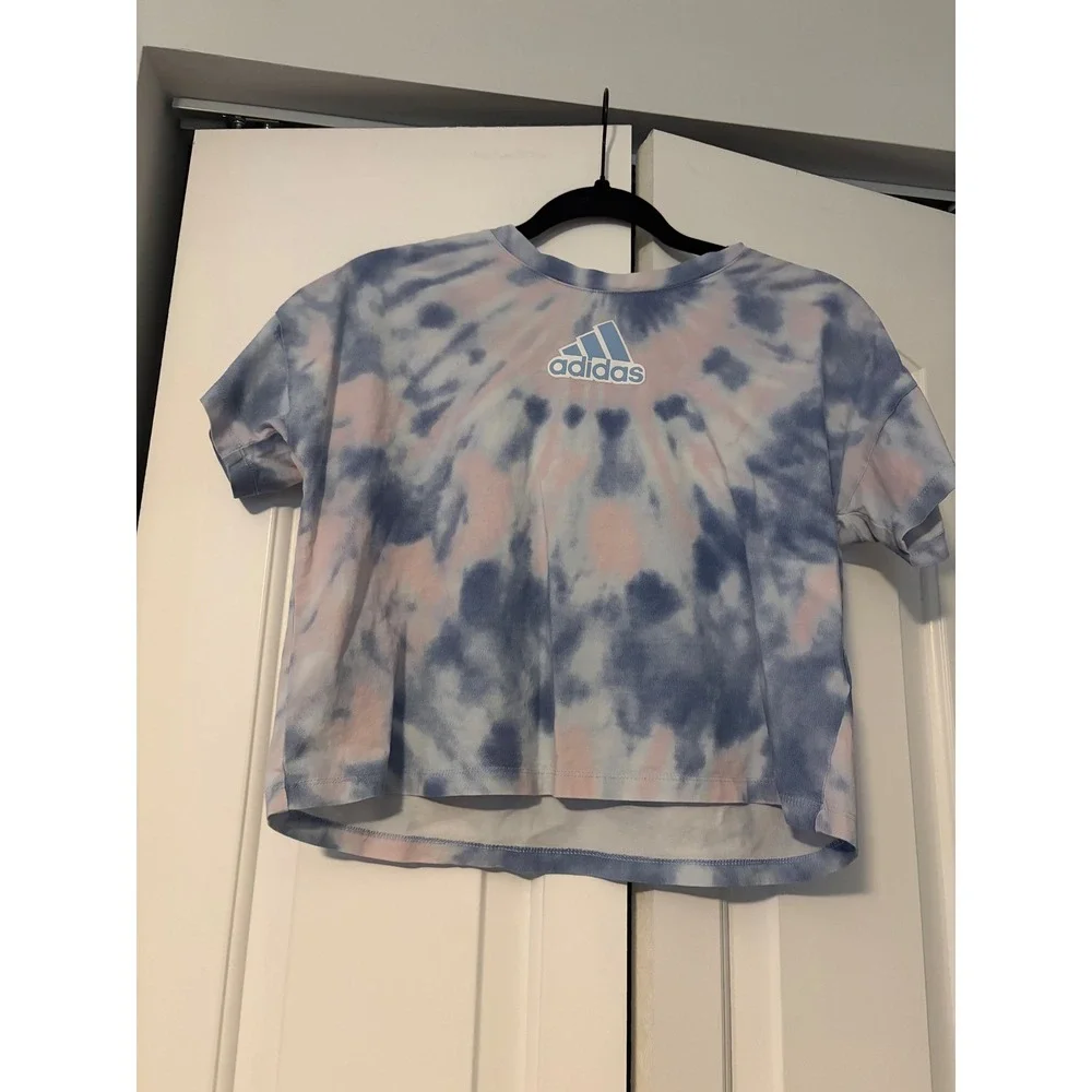 Adidas Kids Girls Tie Dye Crop T Shirt Top Blue Pink White Size M 10 12‎